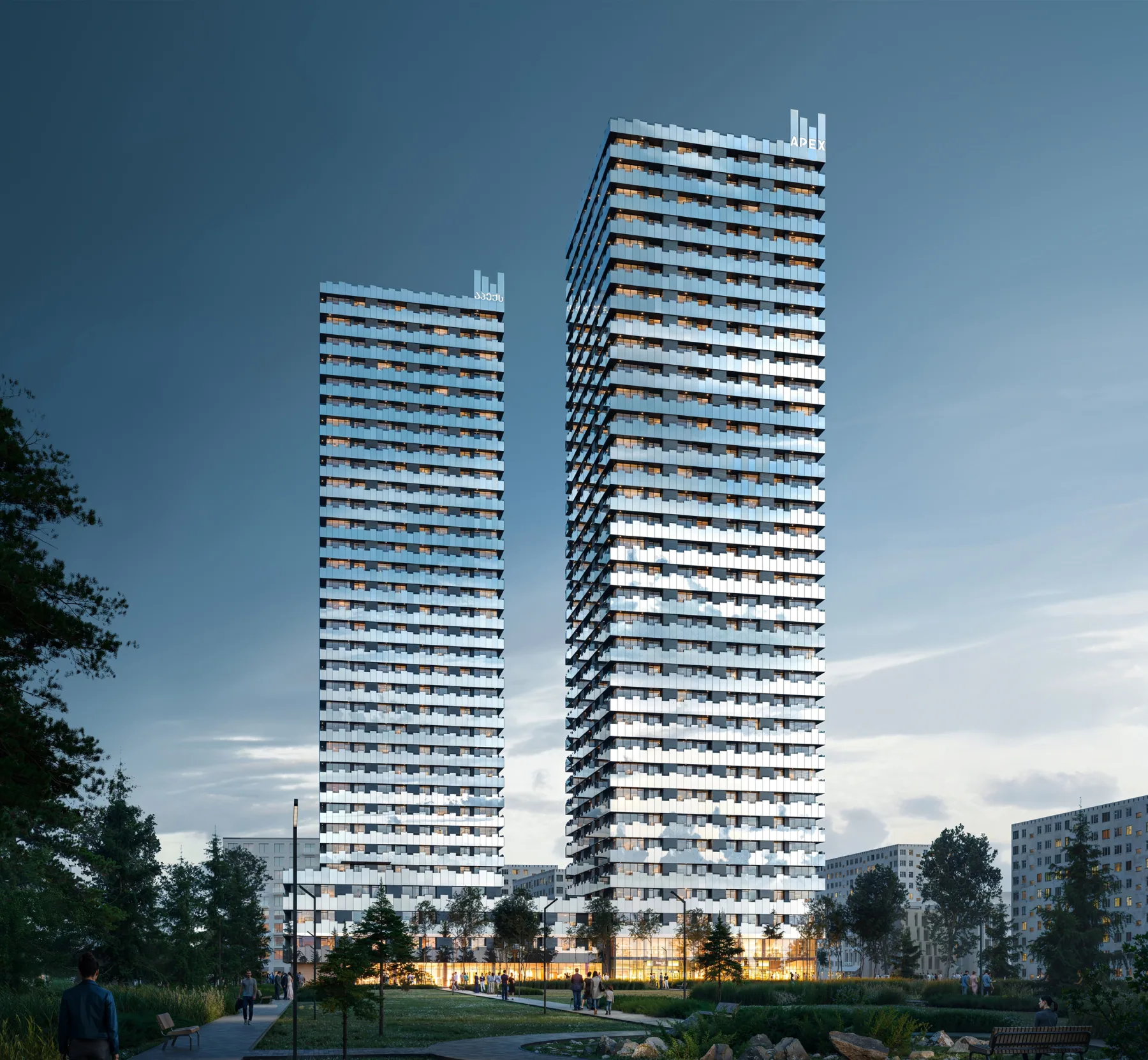 Вечерний рендер двух башен Apex Towers Varketili со светлыми балконами и зелёным двором.